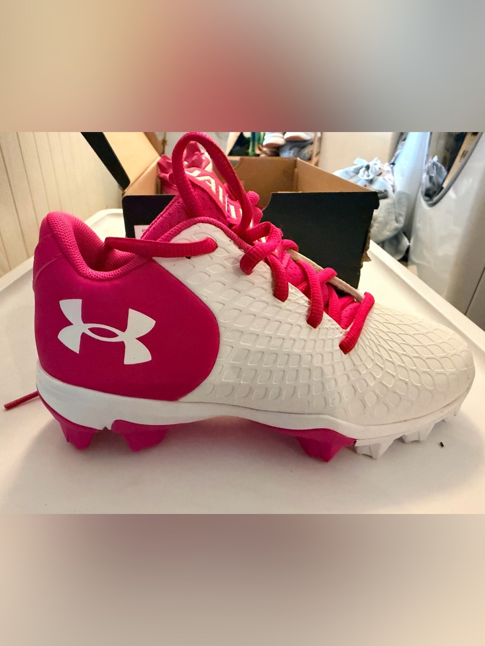 Under Armour Kids White and Hot Pink Cleats